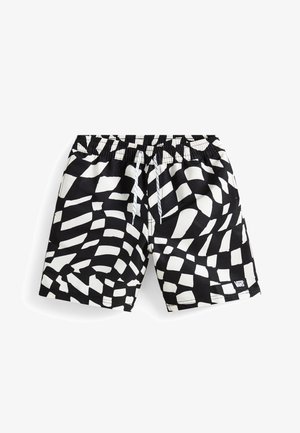 Musta uimashortsit, joissa on rohkea valkoinen abstrakti kuvio, joustava vyötärönauha nyörisäädöllä ja pieni merkin logo helman kohdalla.