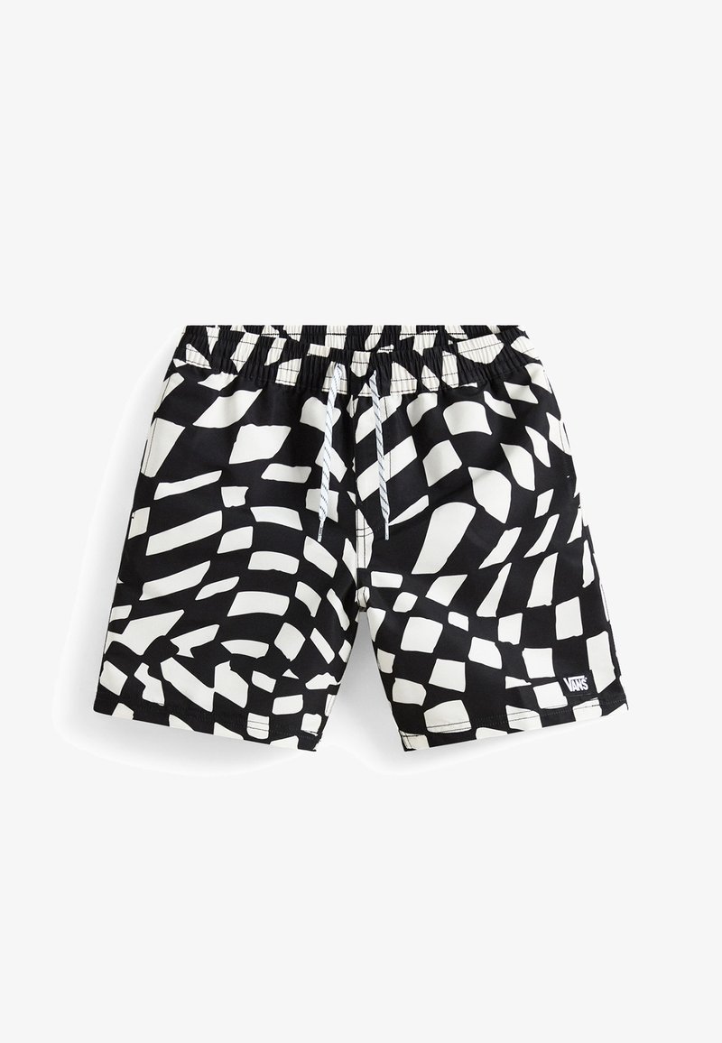 Shorts de bain noirs avec un motif abstrait blanc audacieux, taille élastique avec cordon de serrage, et une petite étiquette de logo de la marque à l'ourlet.