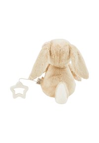 Soft plush bunny toy in beige with long ears, a fluffy tail, and a detachable star-shaped teether. Tag visible on its back.