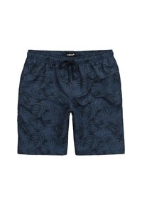 Námořnické modré plavky s vzorem palmových listů, elastický pás, nastavitelná šňůrka a lehká, hladká textilie.