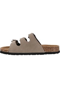 Grå mocka slide sandal med utskärningsdesign, korkfotbädd och svart gummisula. Har två justerbara remmar med dekorativa detaljer.