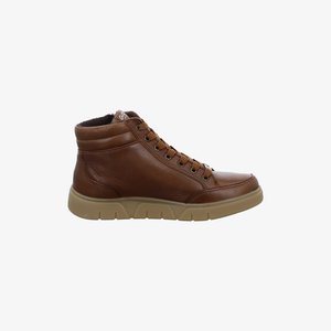 Brown leather high-top sneaker with padded collar and beige rubber sole, featuring brown laces and side stitching details.