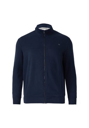 Dunkelblaues Zip-Jackett aus weichem Material, mit hohem Kragen, langen Ärmeln und einem dezenten Logo auf der Brust. Glatte Textur, figuroptimierte Passform.
