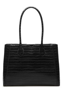 Schwarze, krokodilgeprägte Leder-Tote-Bag mit runden Griffen, rechteckiger Form und glatter Textur. Verfügt über ein minimalistisches Design und Akzente.