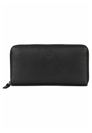 Black leather wallet with a smooth texture, rectangular shape, and a zip closure. Features a subtle embossed logo on the front.