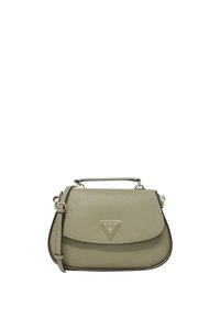 Borsa strutturata verde chiaro con una superficie liscia, hardware dorato e un logo triangolare. Presenta un manico superiore e una tracolla regolabile.