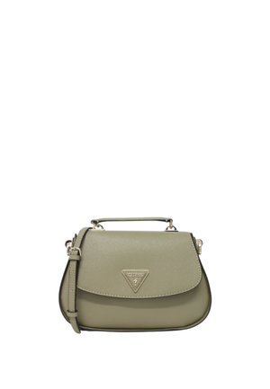 Borsa strutturata verde chiaro con una superficie liscia, hardware dorato e un logo triangolare. Presenta un manico superiore e una tracolla regolabile.