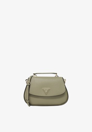 Borsa strutturata verde chiaro con una superficie liscia, hardware dorato e un logo triangolare. Presenta un manico superiore e una tracolla regolabile.