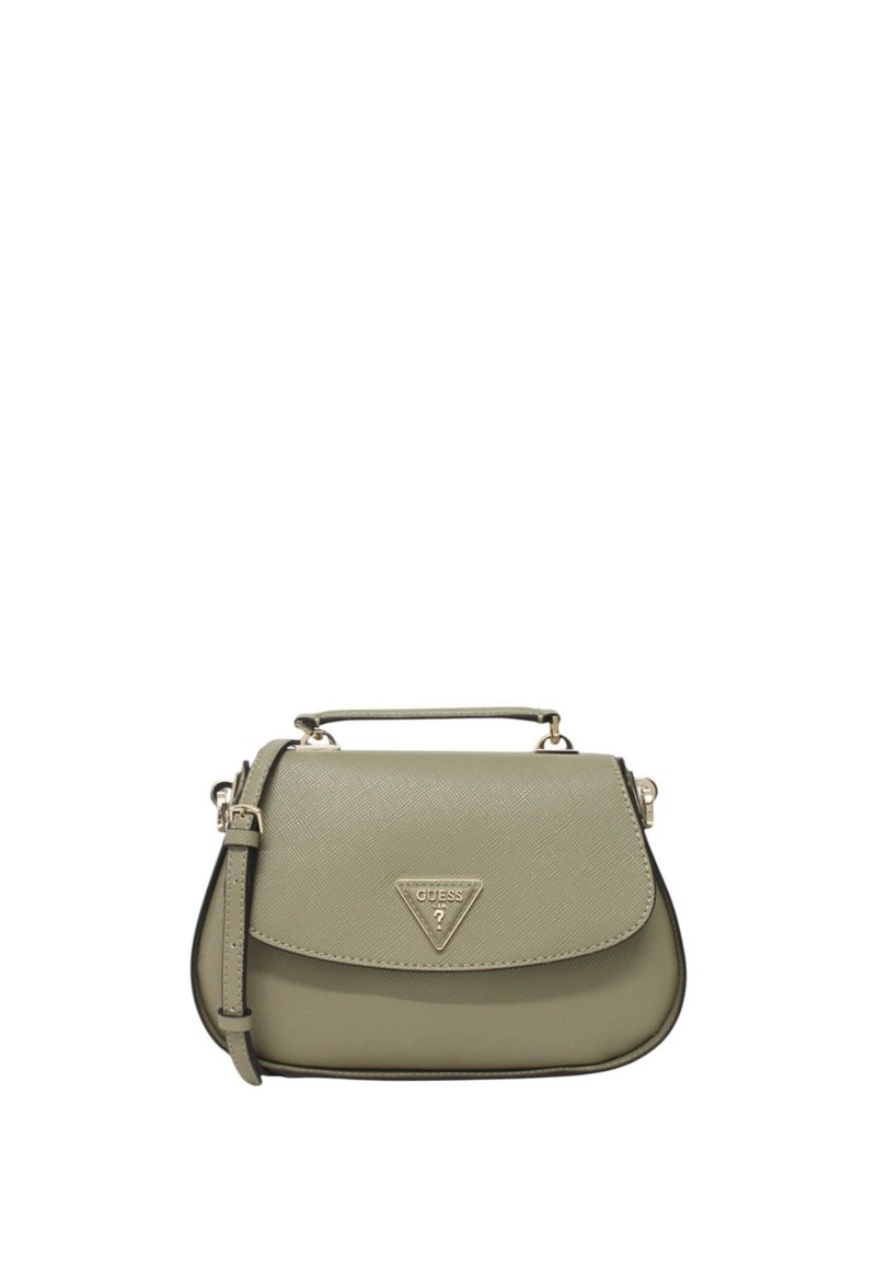 Borsa strutturata verde chiaro con una superficie liscia, hardware dorato e un logo triangolare. Presenta un manico superiore e una tracolla regolabile.