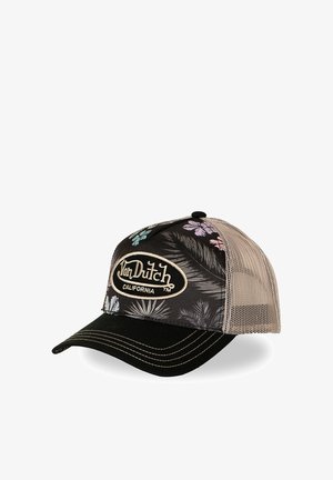 Gorra de béisbol Von Dutch California en negro y beige con patrones florales y de hojas de palma, parte trasera de malla beige y visera curva con costuras beige.