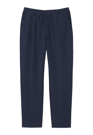 Pantaloni blu navy con cintura elastica e bottone, due tasche laterali e design a gamba dritta realizzati in tessuto morbido.