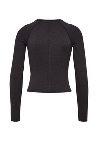 Langärmliges, figurbetontes Oberteil aus dunkelgrauem Rippenstoff. Verfügt über einen einfachen Rundhalsausschnitt und einen geraden Saum mit minimalen Details.