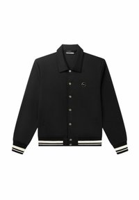 Giacca varsity nera con chiusura a bottoni, polsini e fondo a costine in bianco e nero. Presenta un logo esagonale sul petto.