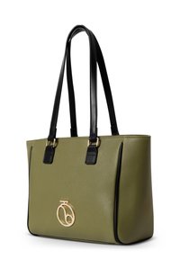 Groene synthetische leren tote bag met zwarte handvatten, gouden hardware en een rond logo aan de voorkant. Geleide oppervlakte en gestructureerd ontwerp.