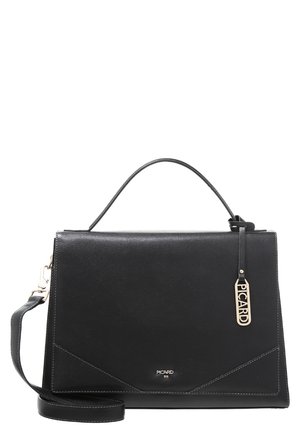 Black leather handbag with top handle and detachable shoulder strap, featuring a gold "PICARD" tag and matching logo on the front.