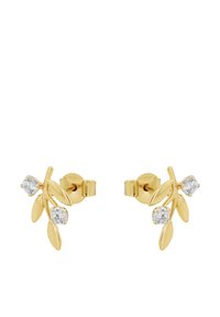 Gold-tone stud earrings designed as a small branch with two leaf accents and two clear round stones, featuring a polished surface.