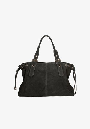 Borsa a mano nera in suede con doppi manici, accessori in argento, cordoncini regolabili sui lati e finitura morbida e testurizzata.