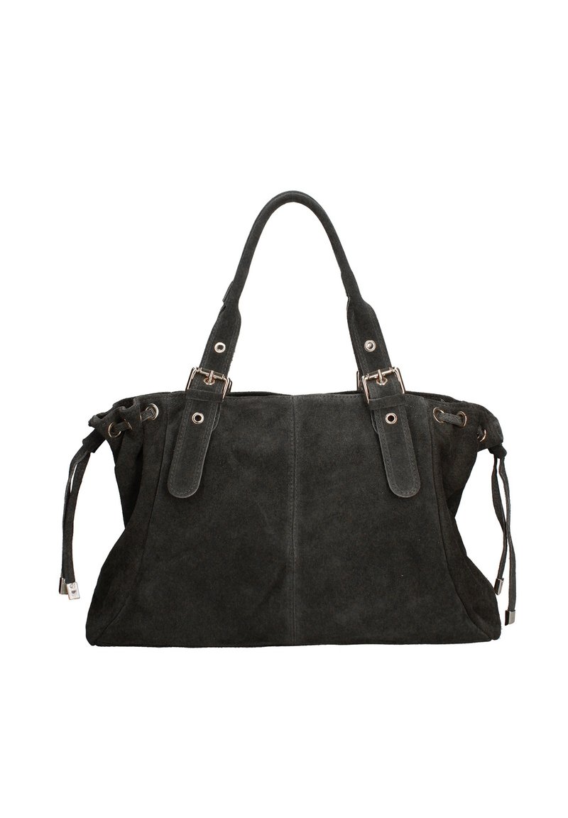 Zwarte suede handtas met dubbele handvatten, zilveren hardware, verstelbare trekkoorden aan de zijkanten en een zachte, gestructureerde afwerking.