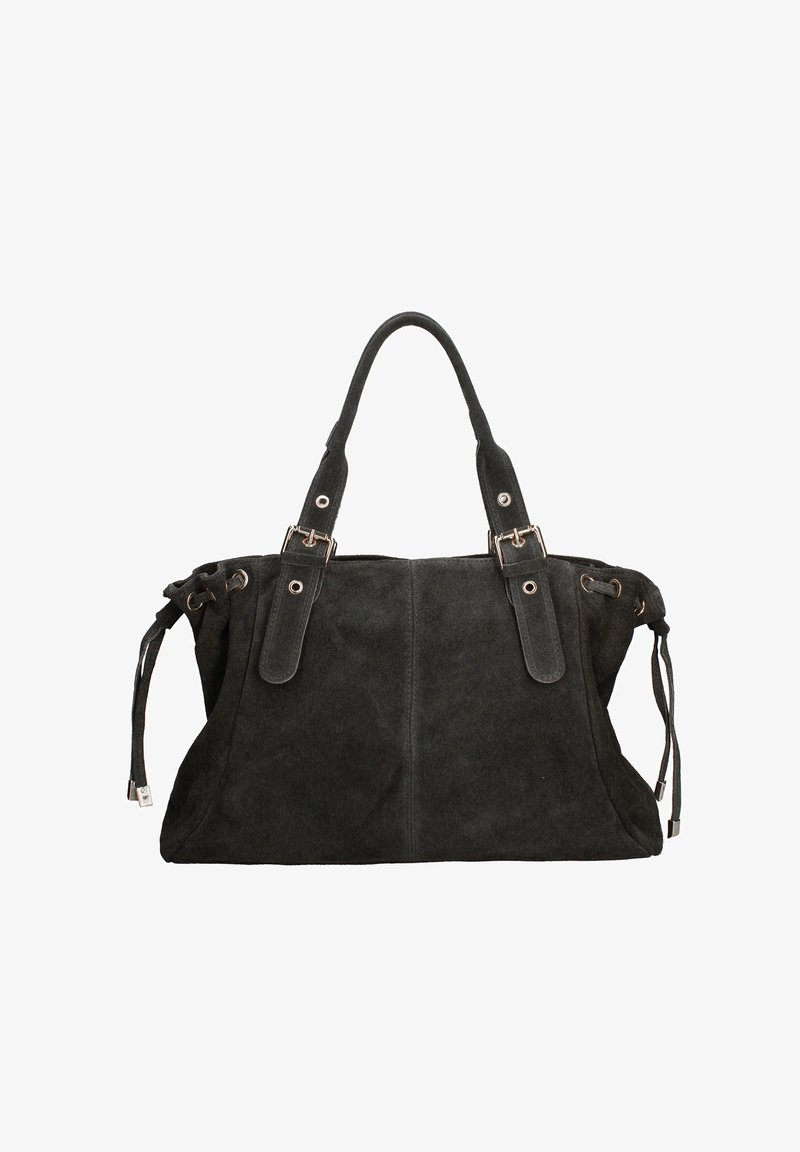 Sac à main en suédine noire avec double poignées, quincaillerie en argent, cordons de serrage ajustables sur les côtés et une finition douce au toucher.