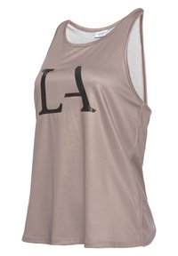 Beige sleeveless tank top made of smooth fabric, featuring a large black "LA" print on the front and a relaxed fit design.