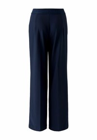 Navy wide-leg pants feature a smooth texture, pleated front, and an elastic waistband with embossed "OUI" branding. No pockets visible.