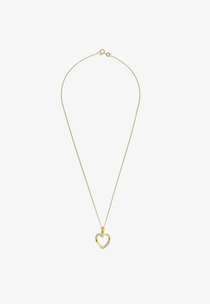 Bezaubernde goldene Halskette mit einem offenen herzförmigen Anhänger, der teilweise mit kleinen klaren Edelsteinen verziert ist.