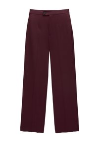 Bordeaux broek met wijde pijpen, voorplooien, een enkele knoopsluiting en een zachte stofstructuur.