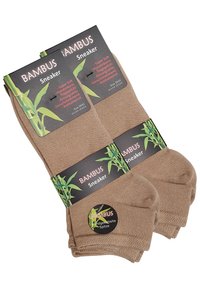 Bambusocken in einem hellbraunen Farbton, mit einer glatten Textur und elastischen Bündchen. Die Verpackung zeigt Größe und Produktdetails.