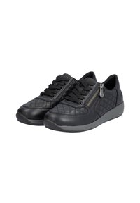 Zapatillas negras con parte superior de cuero acolchado, que cuentan con cierre de cordones y un zip lateral. Superficie texturizada con una suela de goma para mayor agarre.