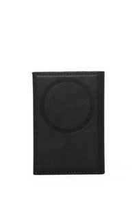 Black leather wallet with a smooth texture, rectangular shape, and a circular embossed pattern on the front. Clean, minimal design.