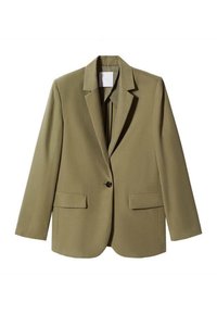 Blazer vert olive à un bouton avec revers crantés et deux poches à rabat, présenté à plat sur fond blanc.