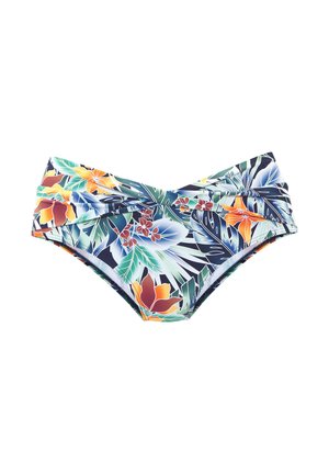 Tropinių gėlių piešiniai ant bikini apačios su susuktos juostos detale žalia, oranžine, mėlyna ir balta spalvų atspalviais tamsiame fone.