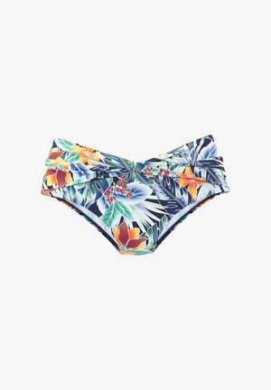 Slip bikini con stampa floreale tropicale e dettaglio di fascia annodata in tonalità di verde, arancione, blu e bianco su uno sfondo scuro.