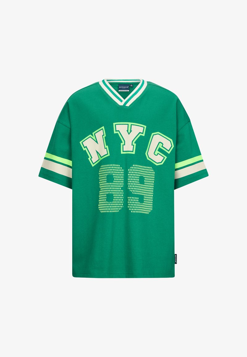 Zielona bawełniana koszula z dekoltem w serek, z napisem "NYC" oraz "89" w wyraźnych białych i żółtych akcentach, a także paskowanymi rękawami z neonowozielonymi detalami.