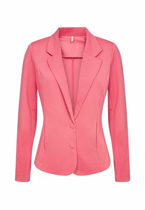 Pink damesblazer med lange ærmer, hakkede revers og to dækkede knapper foran, skræddersyet pasform.