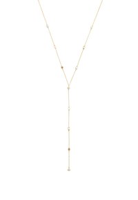 Guldhalsband med jämnt fördelade runda detaljer, inklusive pärlor och dekorativa länkar, med ett hänge som hänger i mitten.