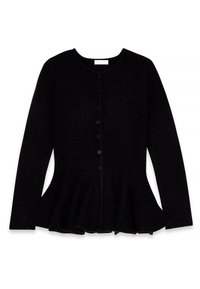 Schwarzer Langarm-Cardigan mit rundem Ausschnitt, Knopfleiste vorne und ausgestelltem Peplum-Saum.