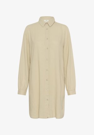 Beige long-sleeve shirt, buttoned front, collared design, soft fabric, slightly oversized fit, with elastic cuffs, smooth texture.