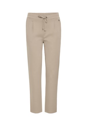 Hellbeige, dehnbare Hose mit einem elastischen Bund, verstellbarem Kordelzug und zwei Vordertaschen. Glatte Textur, taillierte Passform.