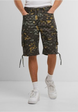 Cargo shorts in een donker camouflagepatroon met tinten groen en bruin, voorzien van zijzakken, verstelbare trekkoorden en een relaxte pasvorm.