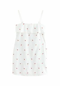 Weißes Baumwollkleid mit dünnen Trägern, das einen gerafften Oberkörper und verstreute rote Blumenstickereien aufweist. Der Saum ist leicht abgerundet.