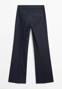 Dark blue denim trousers with a flared shape, featuring two back pockets and minimal stitching details, smooth texture, and clean lines.