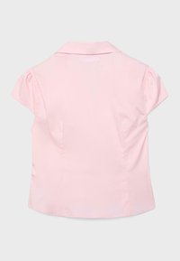 Light pink short-sleeve blouse with a collar, fitted silhouette, and subtle gathering at the sleeves, shown from the back.