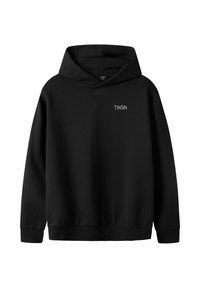 Zwarte hoodie met geribde manchetten en zoom, met een klein wit logo "T.W.S.N." op de borst. Zachte stof.