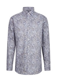 Lange mouwen overhemd met knoop in lichtblauw met ingewikkeld paisleypatroon in bruin- en roomtinten. Katoenen stof, standaard kraagontwerp.