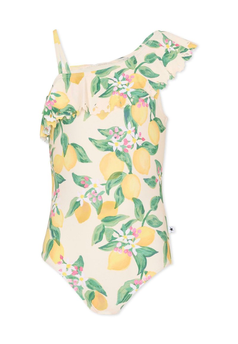 Jednobarkowy kostium kąpielowy w kremowym kolorze z nadrukiem cytryn i kwiatów. Posiada falbanę, regulowany pasek oraz miękki, elastyczny materiał.