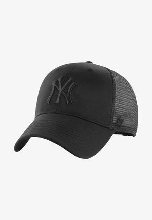 Sort baseball cap med en ensartet front og mesh-bag, prydet med et broderet logo foran og en buet skygge.