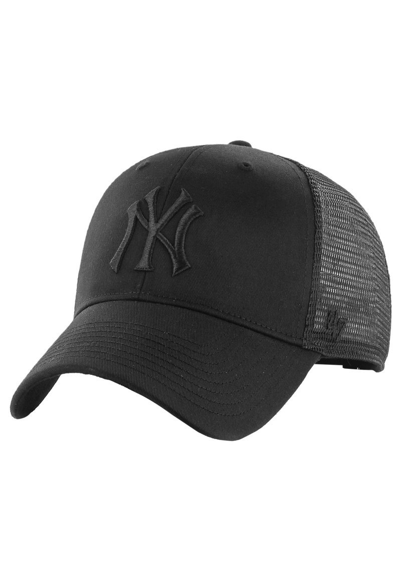 Black baseball cap with a solid front and mesh back, featuring an embroidered logo on the front and a curved brim.