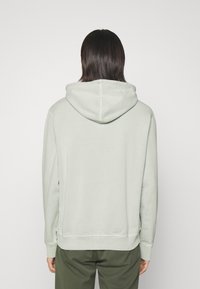 Ljusgrön hoodie med dragsko i huvan, ribbade ärmslut och nederkant. Slät bomullsblandningstyg. Enkel, odekorerad bakvy.