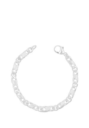Silbernes Kettenarmband mit abwechselnd glatten und strukturierten Gliedern und einem Karabinerverschluss, gezeigt vor weißem Hintergrund.